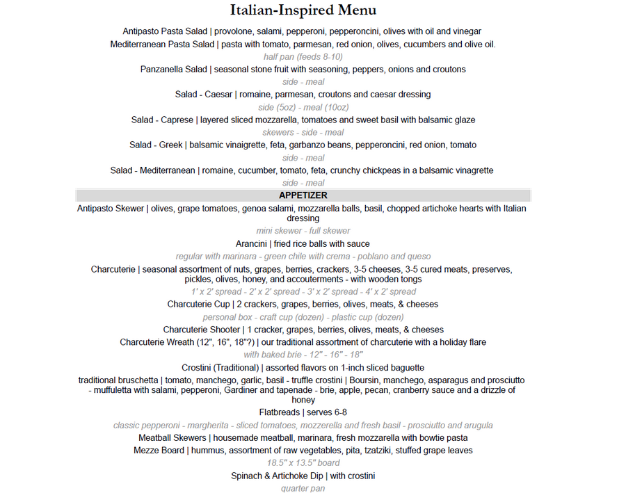 Italian-Inspired Sample Menus