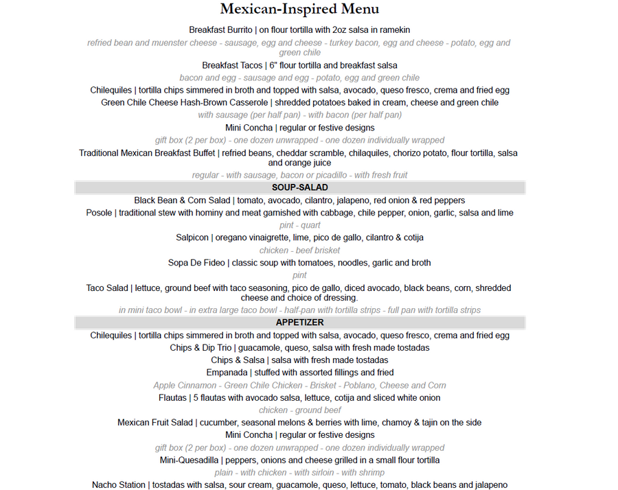 Mexican-Inspired Sample Menu